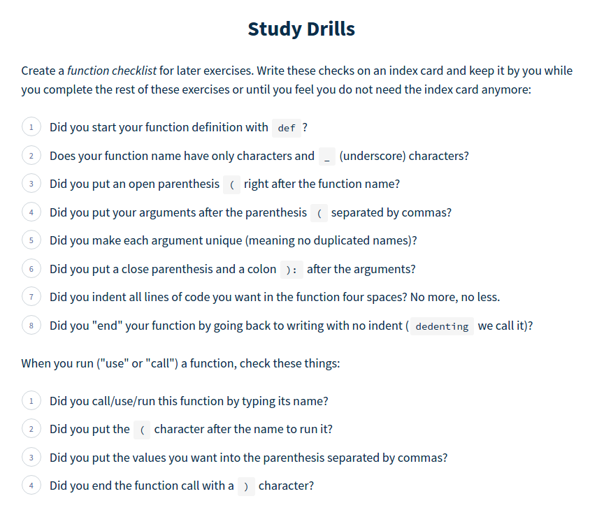 Learn Python The Hard Way exercise 18 study drills - function checklist