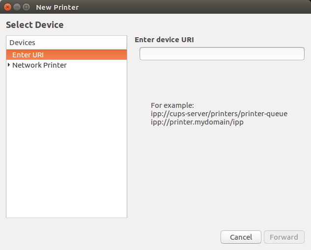 new printer setup window - Ubuntu