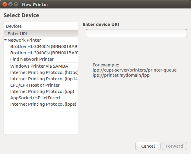 Find printer setup window - Ubuntu