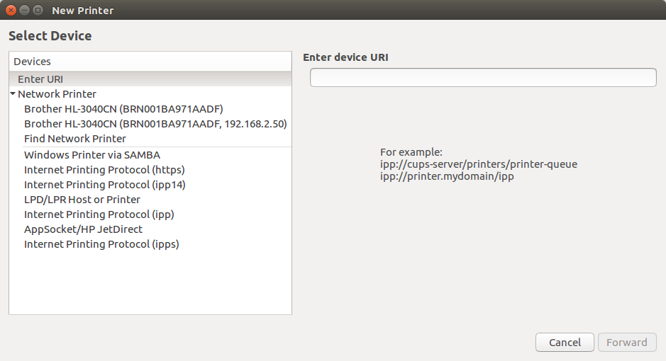 Find printer window with IP address shown - Ubuntu