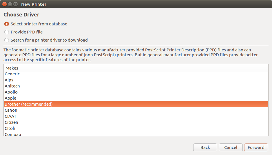 Selecting driver for new printer setup - Ubuntu