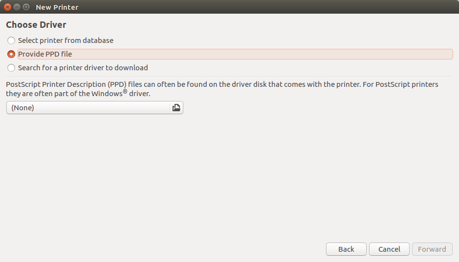 Select PPD file window for new printer setup - Ubuntu