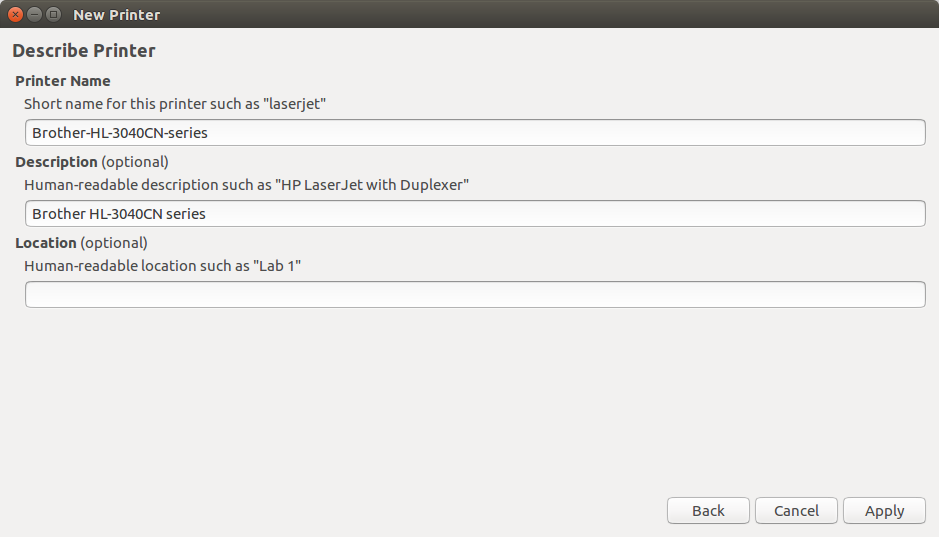 Describe printer window - Ubuntu